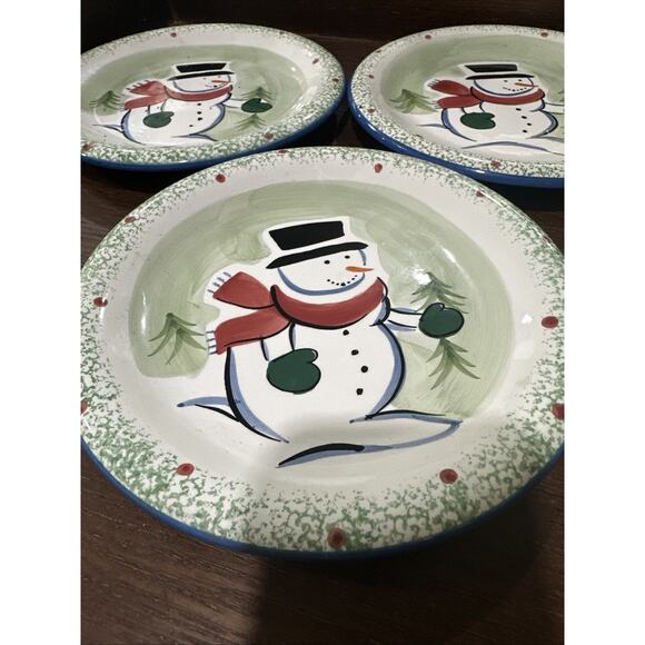 RARE Linens N Things Snowman Salad Plates (3) Green Speckled Rim (D-1) - Picture 3 of 4